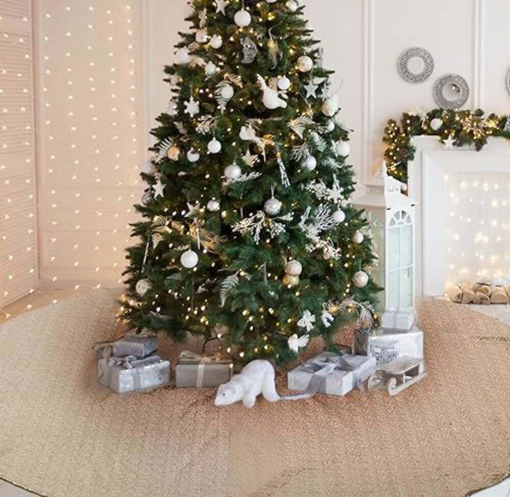 Libima Christmas Tree Skirt,Extra Large 96 in,Sequin,Champagne/Rose Gold,New